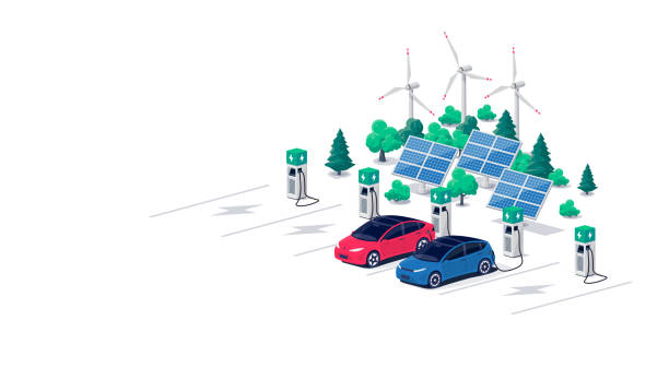 Electric car charging on solar wind charger station with many charging stalls vector art illustration