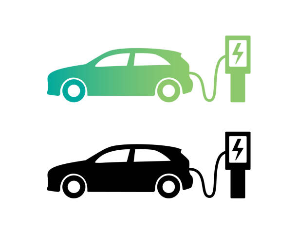 ilustrações de stock, clip art, desenhos animados e ícones de electric car charging station, vector icon. green energy. ecological vehicle. - carregar eletricidade