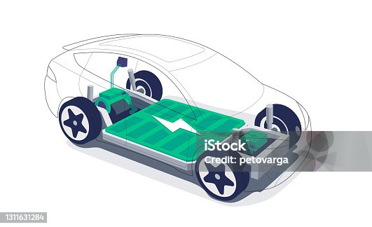 istock Electric car chassis with high energy battery cells pack modular platform. 1311631284