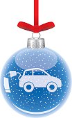 Vector illustration of an electric car inside a clear class christmas ornament.
