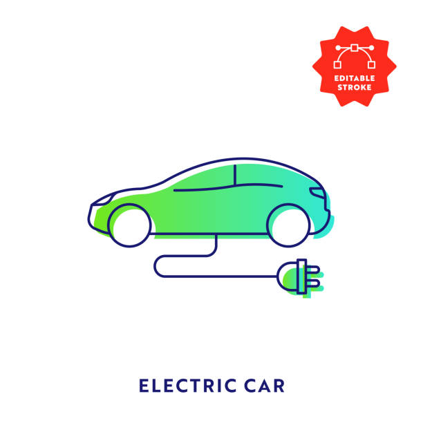 ilustraciones, imágenes clip art, dibujos animados e iconos de stock de icono de línea plana de degradado de coche eléctrico con trazo editable y píxel perfecto. - electric car