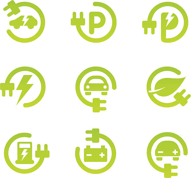 illustrazioni stock, clip art, cartoni animati e icone di tendenza di set di simboli di auto elettrica - auto elettrica