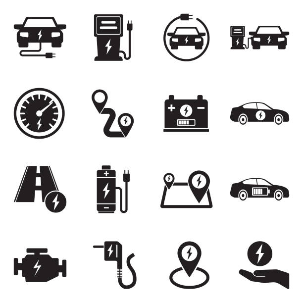 ilustrações de stock, clip art, desenhos animados e ícones de electric car icons. black flat design. vector illustration. - veículo elétrico