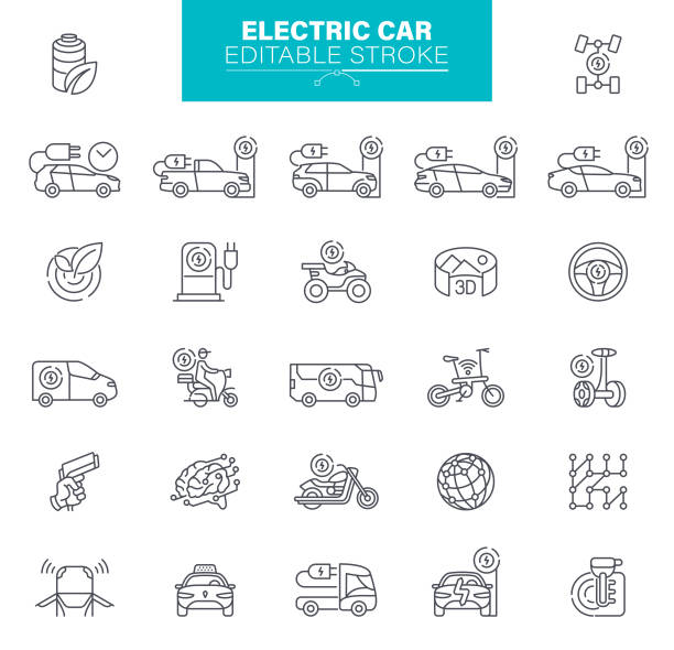 Electric car Icons Editable Stroke. . The set contains icons Ecology, environment, cable plug, charging symbol Electric car icons. Electrical automobile cable plug charging symbol. Eco friendly, electric vehicle, Outline Icon Set hybrid vehicle stock illustrations