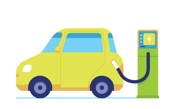 ilustrações de stock, clip art, desenhos animados e ícones de electric car is charging electricity, electric car with modern technology - car charger