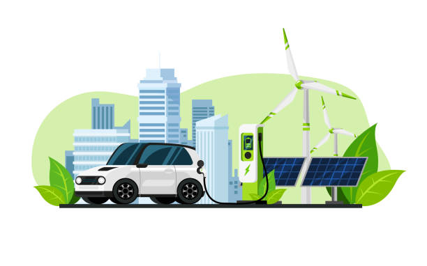 ilustrações de stock, clip art, desenhos animados e ícones de electric car is charging through a station. - car charger