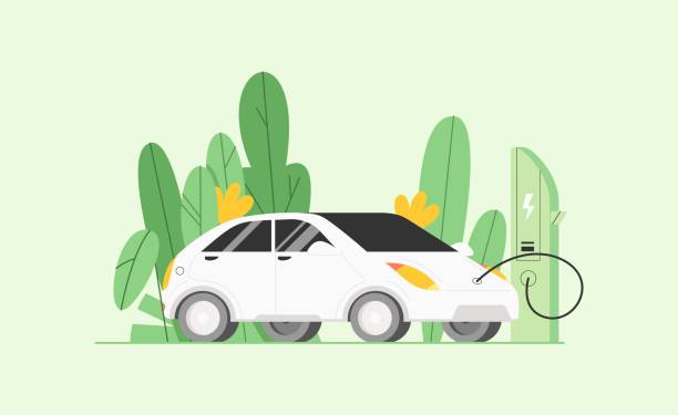 ilustrações de stock, clip art, desenhos animados e ícones de electric car it charging a battery an electric recharge station. ecology concept. eco city, green energy. - electric car