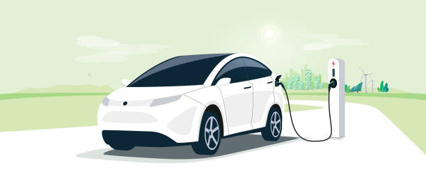 elektroauto auf ladestation mit city street mit erneuerbaren energien solarmodule - sustainable future road stock-grafiken, -clipart, -cartoons und -symbole