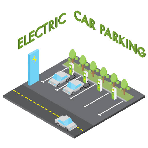 elektro-auto parken konzept, isometrische fahrzeug ladestation - sustainable future road stock-grafiken, -clipart, -cartoons und -symbole