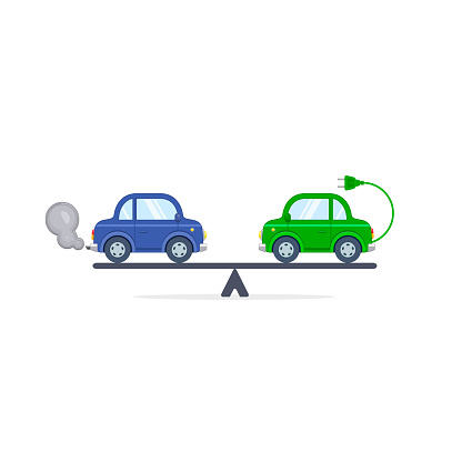 Electric Car Versus Gasoline And Diesel Car On Scales Flat Color