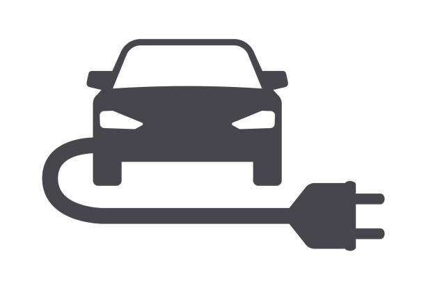 elektroauto mit energiestecker-symbol - electric car stock-grafiken, -clipart, -cartoons und -symbole