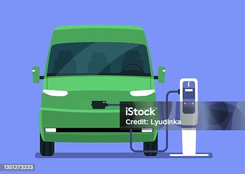 istock Electric cargo van charging from a charging station, front view. Vector illustration. 1351273233