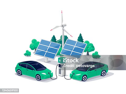 istock Electric cars charging on green renewable solar wind energy charger station with charging stall 1340659100