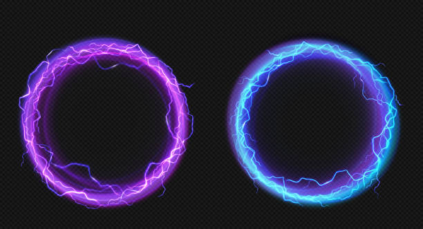 Electric circles with lightning discharge and glow Electric lightning circles with blue and purple glow effect. Illuminated neon round frames. Vector realistic set of digital rings with sparking electrical discharge isolated on transparent background lightning borders stock illustrations