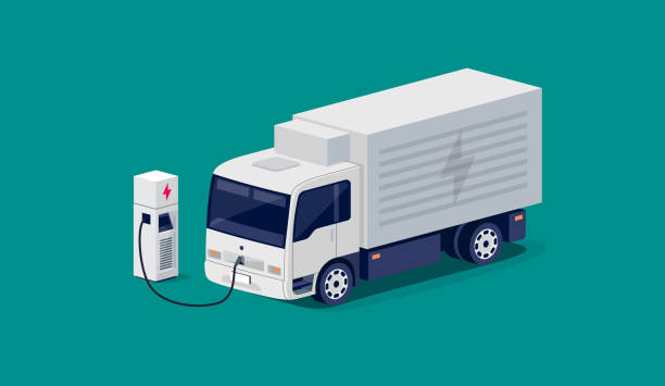 Electric city light box truck charging parking at the charger station vector art illustration