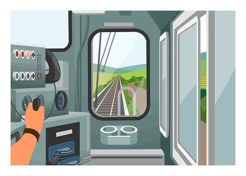 Electric diesel locomotive engineer point of view. Simple flat illustration.