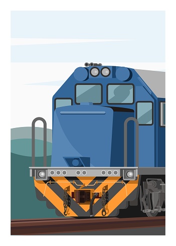 Electric diesel locomotive passing hills. Simple flat illustration.