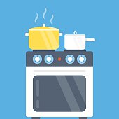 Electric oven and saucepans. Kitchen appliances, kitchen interior, utensils concepts. Front view. Modern flat design vector illustration isolated on blue background