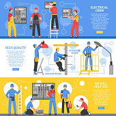 Electrical works horizontal banners with electricians working outdoor and crew of workers indoor flat vector illustration