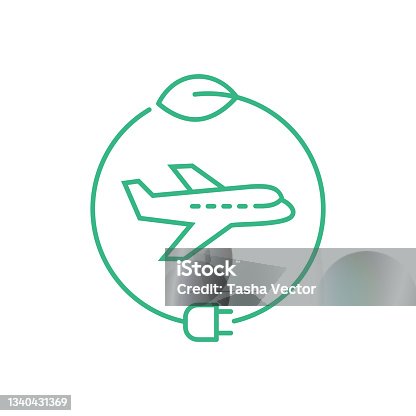 istock Electric plane line icon. Aircraft powered by electricity. Green aviation concept. 1340431369