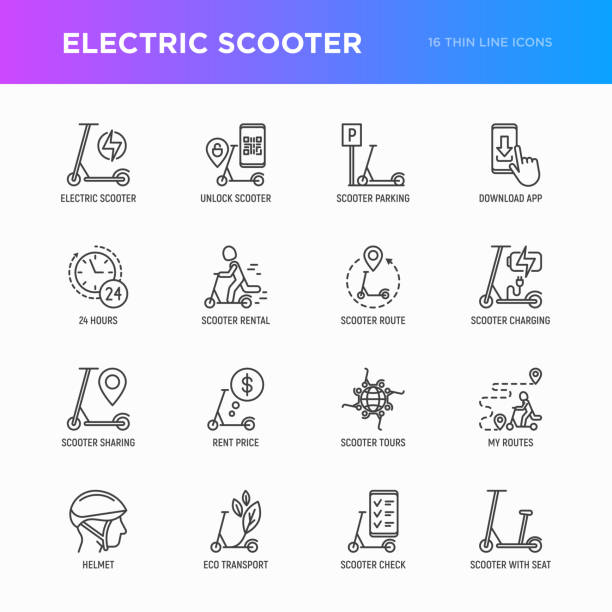ilustrações de stock, clip art, desenhos animados e ícones de electric scooter thin line icons set: sharing service, mobile app, qr code, parking, helmet, eco transport, pointer. modern vector illustration. - trotinetes