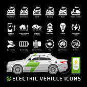 Electric sedan car vector mockup with charging station on a black background. Electro vehicle silhouette icon set with charger, battery power and plug.