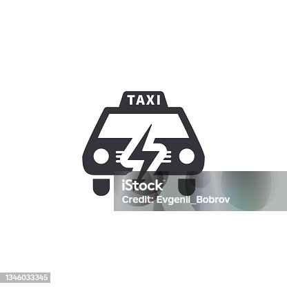 istock Electric taxi, front view silhouette, simple black icon on white 1346033345