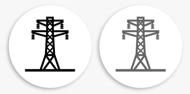 Electric Tower Black and White Round Icon Electric Tower Black and White Round Icon. This 100% royalty free vector illustration is featuring a round button with a drop shadow and the main icon is depicted in black and in grey for a roll-over effect. electricity pylon stock illustrations