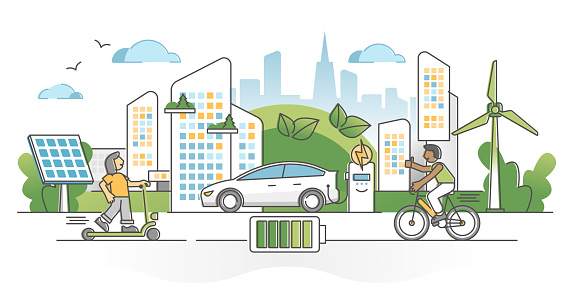 Electric transportation as green alternative energy batteries outline concept