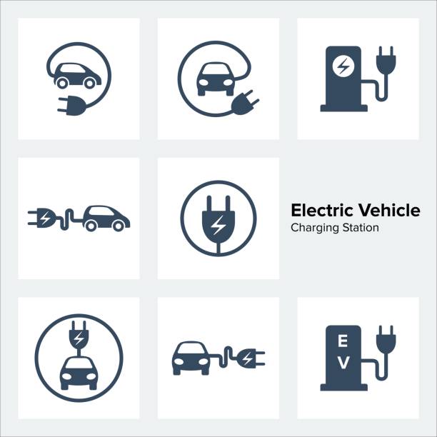 Electric Vehicle Charging Station Icons Set Electric Vehicle Charging Station Icons Set, vector illustration hybrid vehicle stock illustrations