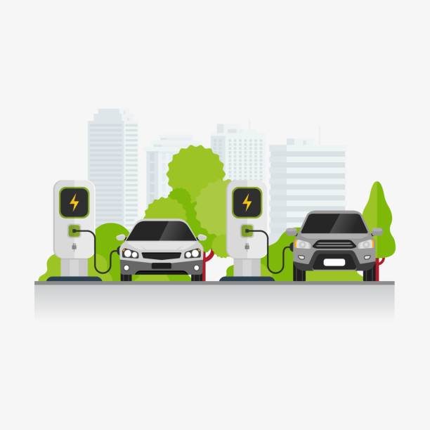 ilustrações de stock, clip art, desenhos animados e ícones de electric vehicle charging technology at parking area vector illustration - electric car