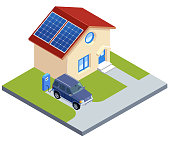 Electric Vehicle Charging Front of the House. Isometric Home And Car Illustration.