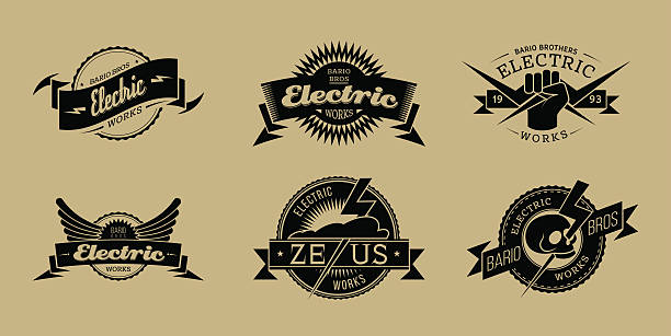 Electric works black labels set Retro styled black labels set of elecrtic works company lightning borders stock illustrations