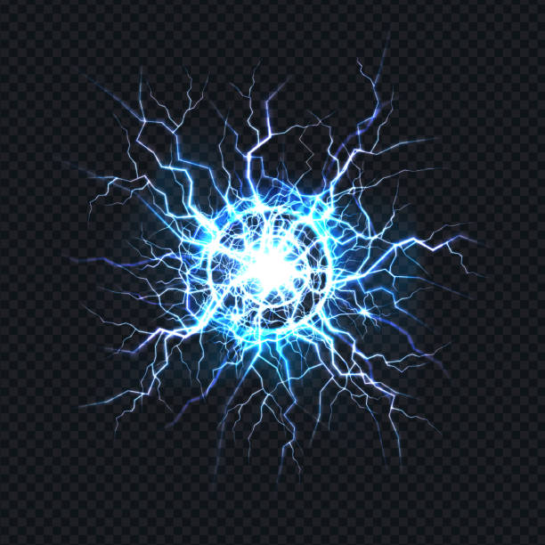 Electrical burst, ball lightning realistic vector Powerful electrical discharge, lightning strike impact place realistic vector on transparent background. Ball lightning, magical light effect design element. Electric energy flash, pain nerve impulse pain backgrounds stock illustrations
