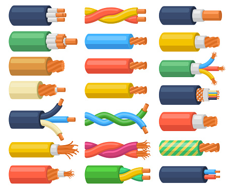Electrical cable wires flexible electricity equipment. Copper core electrical cable, multicore hardware electrical wires vector illustration set. Electricity cable wires