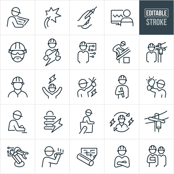 Electrical Engineering Thin Line Icons - Editable Stroke A set of electrical engineering icons that include editable strokes or outlines using the EPS vector file. The icons include an electrical engineer reading a wiring diagram, a live wire with electricity, a hand with a multi-meter, electrical engineer at computer, electrical engineers wearing hard hats on job sites, an electrical engineer holding an electric bolt, electrical engineer with circuit board in the background, electrical engineer installing solar panels on a rooftop, electrical engineer with a power line in the background, electrical engineer with wires in hand, electrical engineer with blueprint rolled up in hand, electrical engineer with lightbulb, electronics engineer working on circuit, electrical transformer, electrician on a boom, power line, robot arm, wiring diagram, an electrical engineer with folded arms and electrical engineers in other work situations. safety equipment stock illustrations