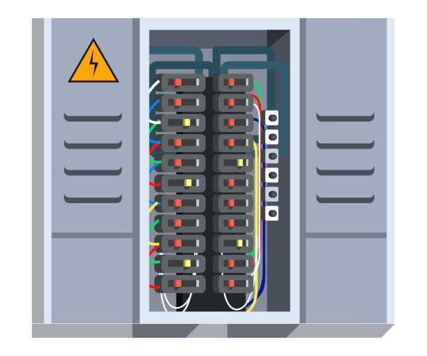 Electrical panel with switcher vector illustration Electrical panel with switcher, fuse, contactor, wire, automatic circuit breaker isolated on white background. Stainless steel switchboard box. Wiring maintenance repair service. Power distribution control panel stock illustrations