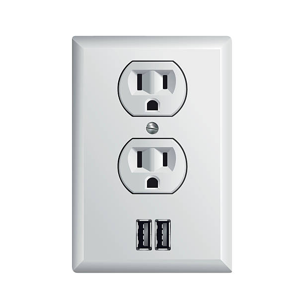 Electrical power socket with USB Electrical outlet in the USA, power socket with USB usb cable stock illustrations