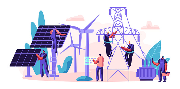 Electrical Utility Delivery of Energy to Consumer. Electricity Transmission and Distribution. Character Installation Solar Panel and Maintenance Wind Turbine. Flat Cartoon Vector Illustration