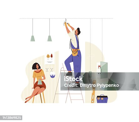 istock Electrician services flat vector illustration. A man helps a woman install lights and wiring in the house. 1413869825