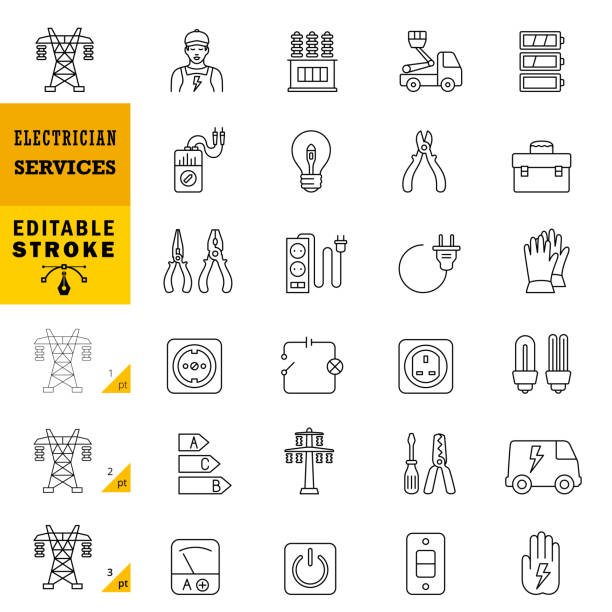 ilustraciones, imágenes clip art, dibujos animados e iconos de stock de iconos de línea de servicios de electricistas. trazo editable. - electricidad