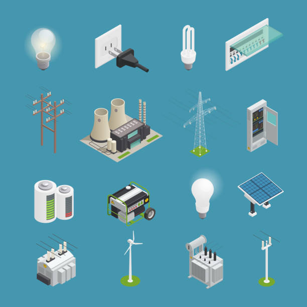 electricity isometric icons Power icons isometric set with electrical connector socket plug bulb and windmill energy generator isolated vector illustration power in nature stock illustrations