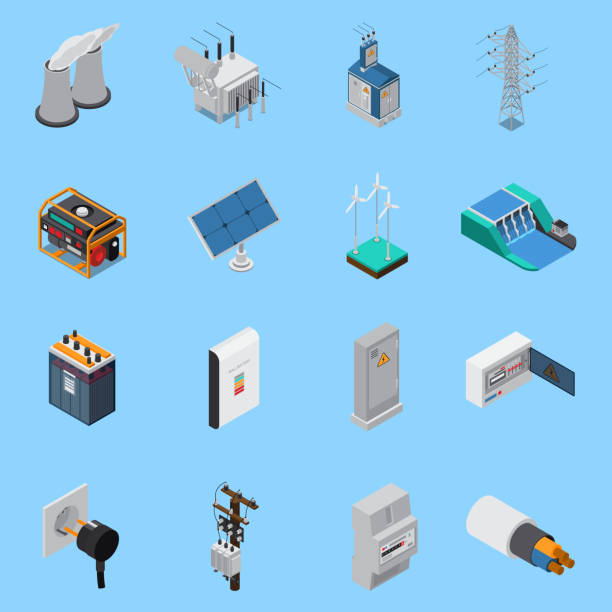 electricity isometric icons Electricity isometric icons set with cable solar panels wind hydro power generators transformer socket isolated vector illustration electricity transformer stock illustrations