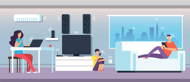Electromagnetic field in home. People under EMF waves from appliances and devices. Electromagnetic pollution vector concept Electromagnetic field in home. People under EMF waves from appliances and devices. Electromagnetic pollution vector concept. Illustration of smart network communication wifi digital electromagnetic stock illustrations