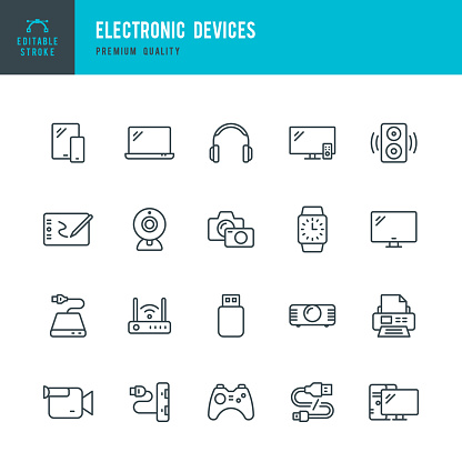 Set of 20 Electronic Devices thin line vector icons. Smart Phone, Laptop, Camera, Smart Watch, Desktop PC and so on