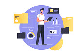 Electronic document management vector illustration. Man with laptop flat style design. Documents flow and processing. Computer archive and information database. Data network flow concept