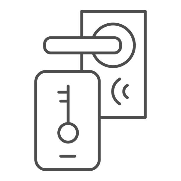 Electronic door lock and key on smartphone thin line icon, smart home symbol, mobile remote unlocking home door vector sign on white background, smart lock system icon in outline style. Vector. Electronic door lock and key on smartphone thin line icon, smart home symbol, mobile remote unlocking home door vector sign on white background, smart lock system icon in outline style. Vector door designs stock illustrations