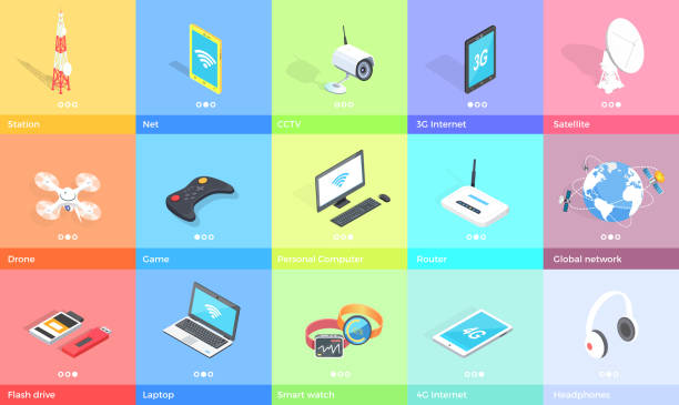 Electronic Gadgets Collection Colorful Poster Electronic gadgets collection on colorful backgrounds vector poster in graphic design. Equipment set for entertaining and studying or working drone clipart stock illustrations