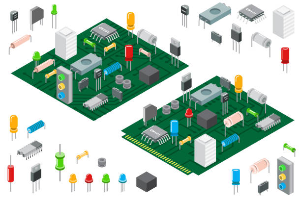 Electronic hardware components and integrated circuit board isom Electronic hardware components isometric vector illustration. Integrated circuit board and electronically controlled components for technology equipment isolated on white background. semiconductor illustrations stock illustrations