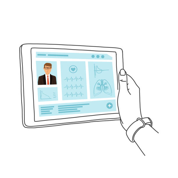 Electronic medical record, hands hold tablet. Electronic medical record, hands hold tablet. Electronic medical history is used in outpatient and inpatient facilities. Single information resource that allows operate with personal data patients. inpatient stock illustrations